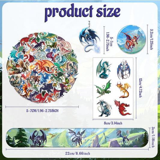 98PCS Dragon Birthday Party Favors Dragon Party Supplies Decorations Dragon Themed Slap Bracelets Stickers Dragon Button Pins Acrylic Dragon Key Ring Temporary Tattoos