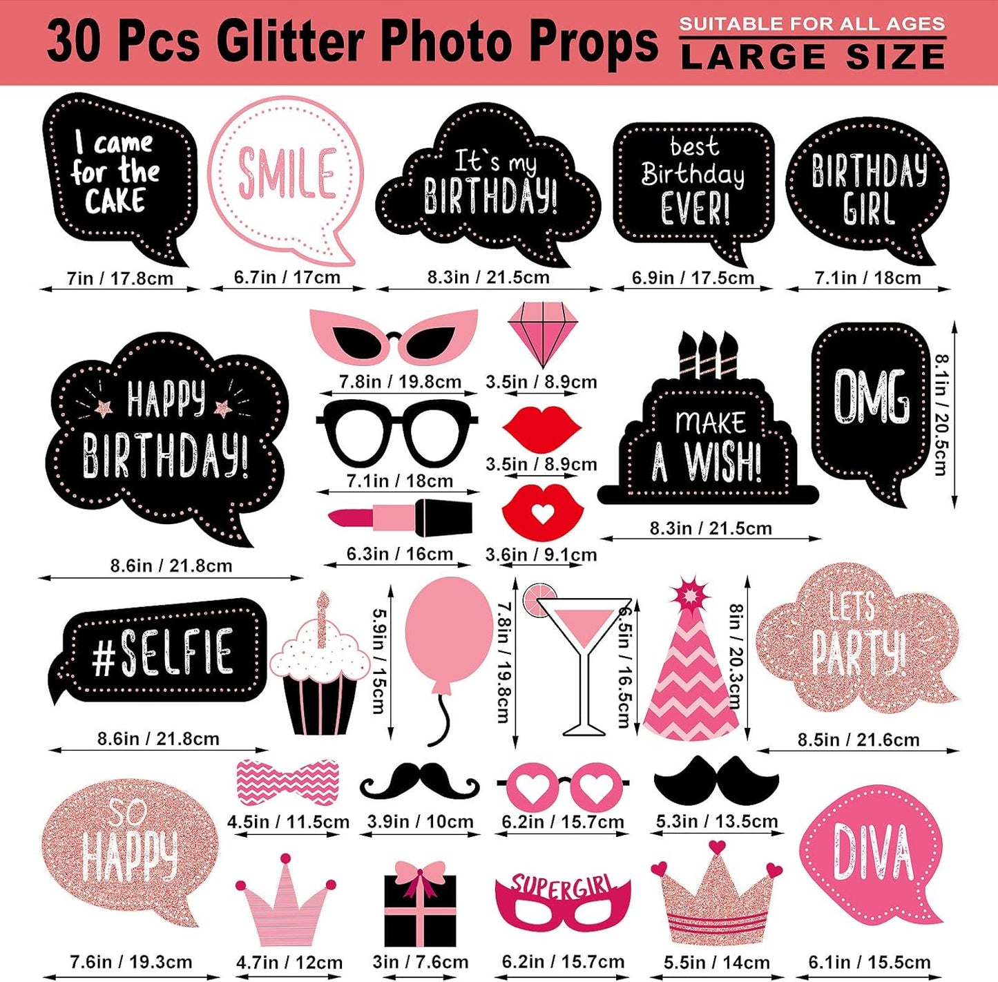 Birthday Photo Booth Props Kit - Happy Birthday Party Favors Supplies Bday Party Decoration Set with Real Glitter Cute Bday Designs for Women - Easy to Assemble 30 Pieces (Rose Gold)