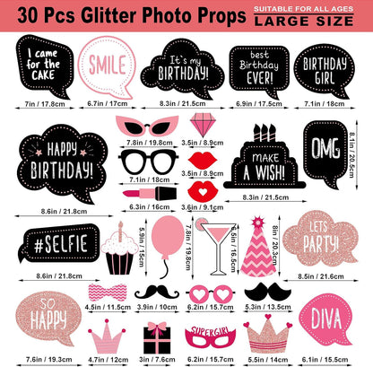 Birthday Photo Booth Props Kit - Happy Birthday Party Favors Supplies Bday Party Decoration Set with Real Glitter Cute Bday Designs for Women - Easy to Assemble 30 Pieces (Rose Gold)