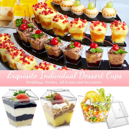 TOFLEN 50 Pack 5 oz Plastic Dessert Cups with High Lids for Party, Mini Dessert Cups with Spoons Dessert Shooter Cups for Yogurt Parfait, Appetizer, Pudding, Fruit and Ice Cream
