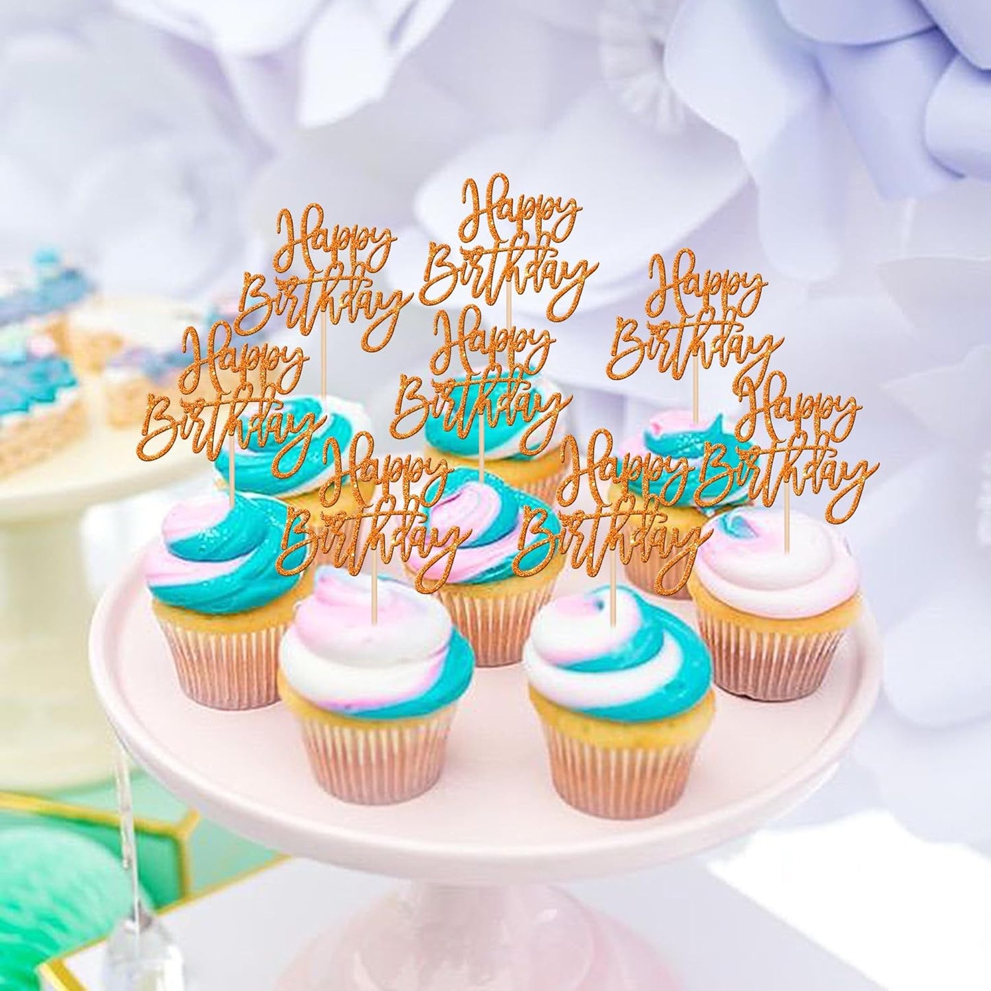 24 PCS Happy Birthday Cupcake Toppers Glitter Picks for Celebrating Anniversary Theme Party Cake Decorations Supplies Gold
