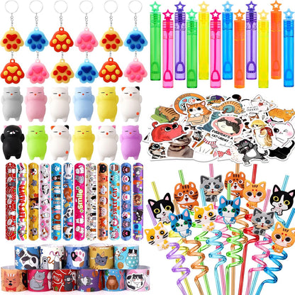 Winrayk Cat Party Favors Birthday Supplies for Kids Girls, Squishy Toy Straw Mini Bubble Wand Keychain Slap Bracelet Sticker, Classroom Pinata Filler Goodie Bag Stuffer Cat Themed Party Favors Decor