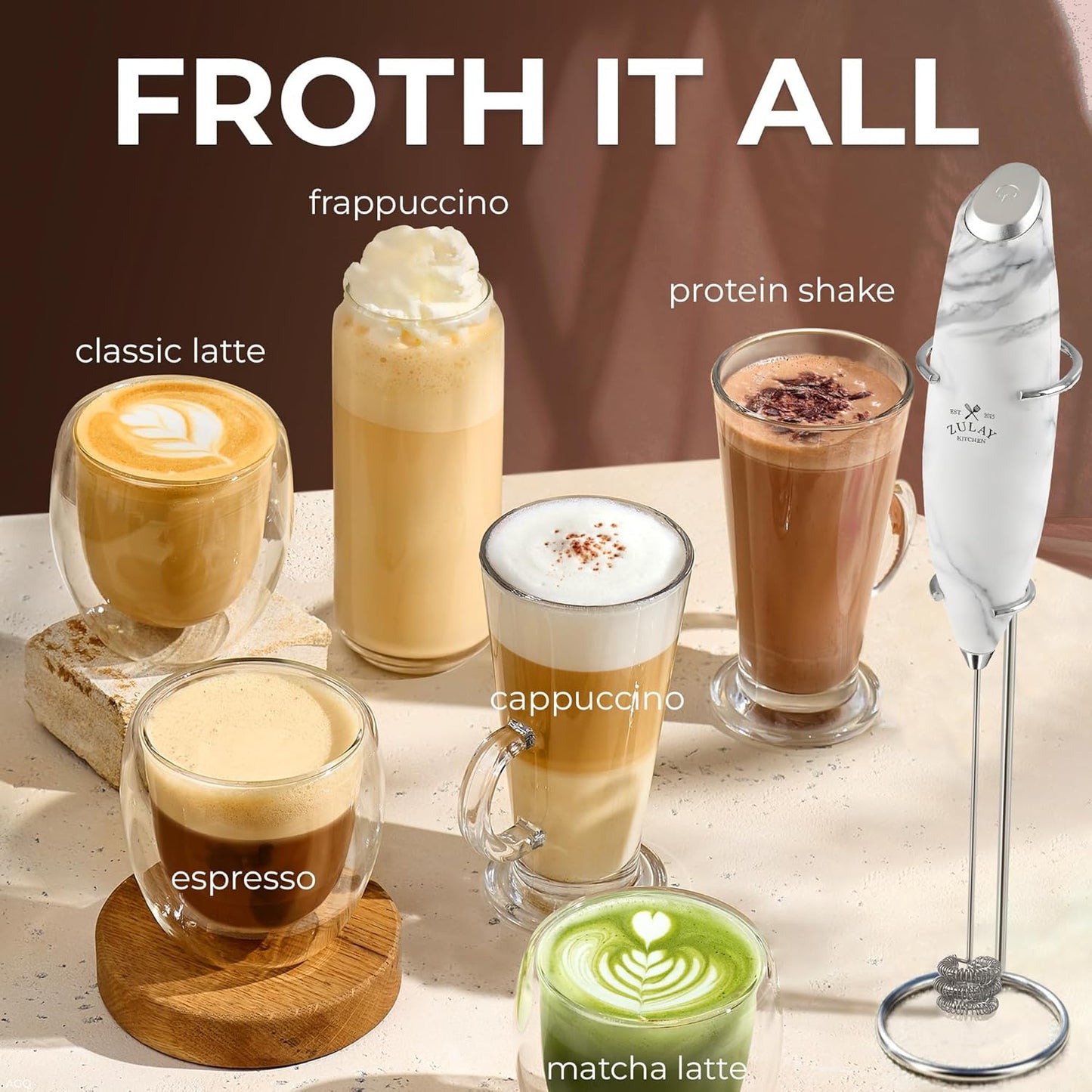 Zulay Kitchen Powerful Milk Frother Wand With Duracell Batteries - Ultra Fast Handheld Drink Mixer - Electric Whisk Foam Maker for Coffee, Lattes, Cappuccino & Matcha - Z1 Motor - Black - Colors C