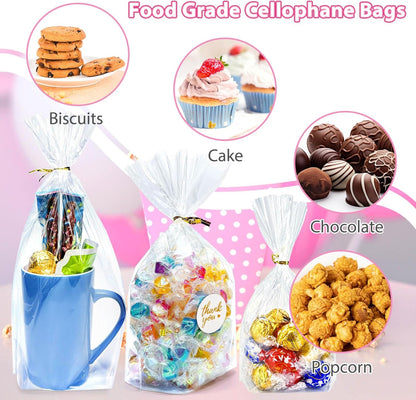 Cellophane Treat Bags, 5x7 Inch Iridescent Cellophane Bags with Thank You Stickers and Twist Ties, Celebrations Baby Showers Weddings Birthday Party Gift Wrapping(Pack of 100)