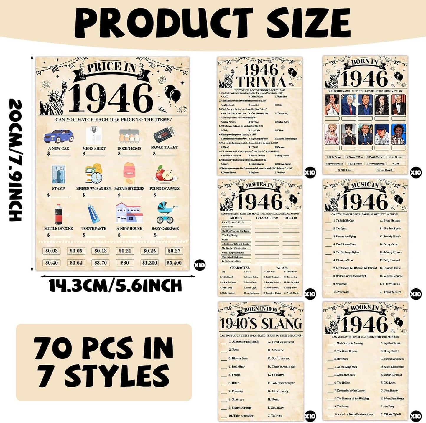 70Pcs 70th Birthday Party Games Born In 1956 Fun 1956 Trivia Music Slang Books Game Double-Sided Game Cards Vintage 70th Birthday Party Supplies for 70 Year Old Activity Anniversary Class Reunion
