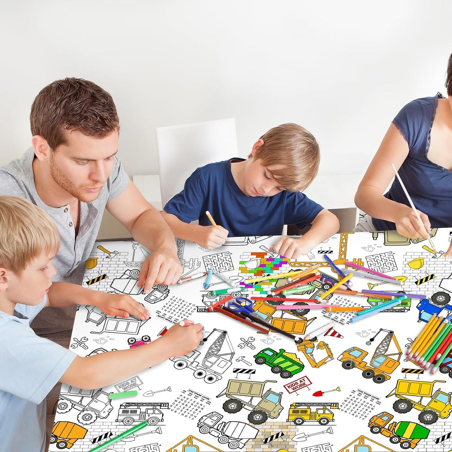 Giant Construction Party Coloring Tablecloth for Kids - Huge Construction Theme Table Cover Large Dump Truck Vehicle Painting Poster for Children Birthday Party Supplies 54x108 Inch