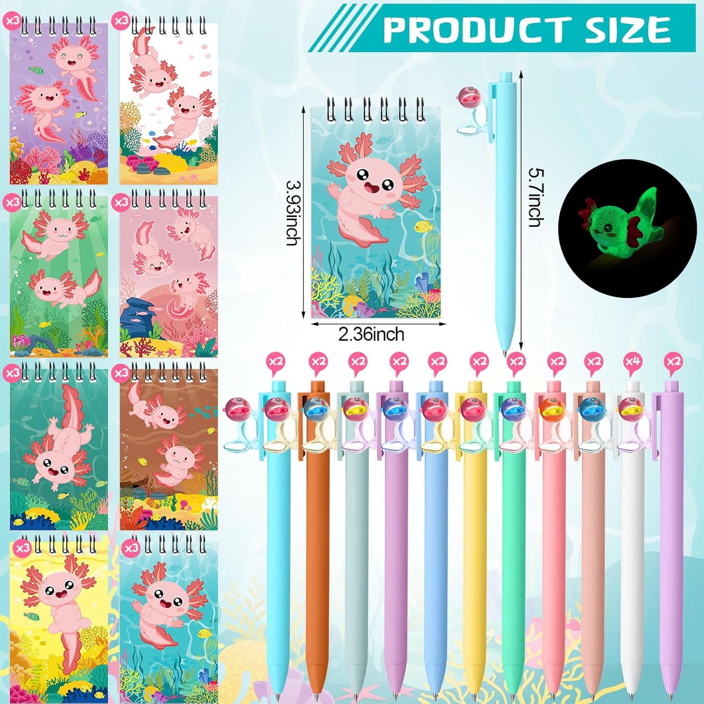 AmazingSpark 48 Pcs Axolotl Party Favors Axolotl Mini Notebooks with Pens Cute Animal Pocket Notepads Retractable Pens Gift for Back to School Birthday Party Favors