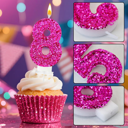 Birthday Number Candles, Glitter Number Candle Cake Decorations with Sequins, Cupcake Decorations for Girls, Women, Party Anniversary Celebrations (Number 6, Purple)