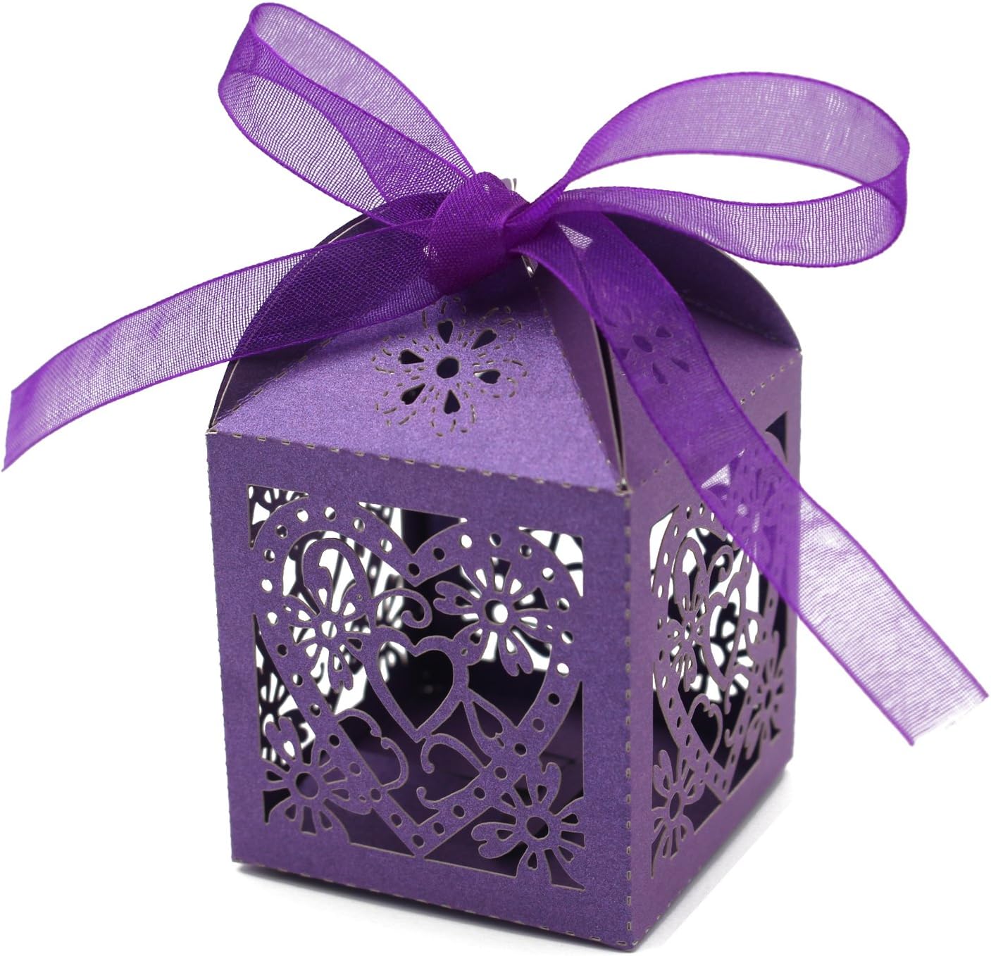 KPOSIYA 100 Pack Love Heart Laser Cut Wedding Party Favor Box Candy Bag Chocolate Gift Boxes Bridal Birthday Shower Bomboniere with Ribbons