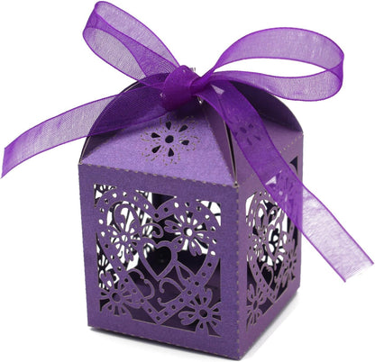 KPOSIYA 100 Pack Love Heart Laser Cut Wedding Party Favor Box Candy Bag Chocolate Gift Boxes Bridal Birthday Shower Bomboniere with Ribbons