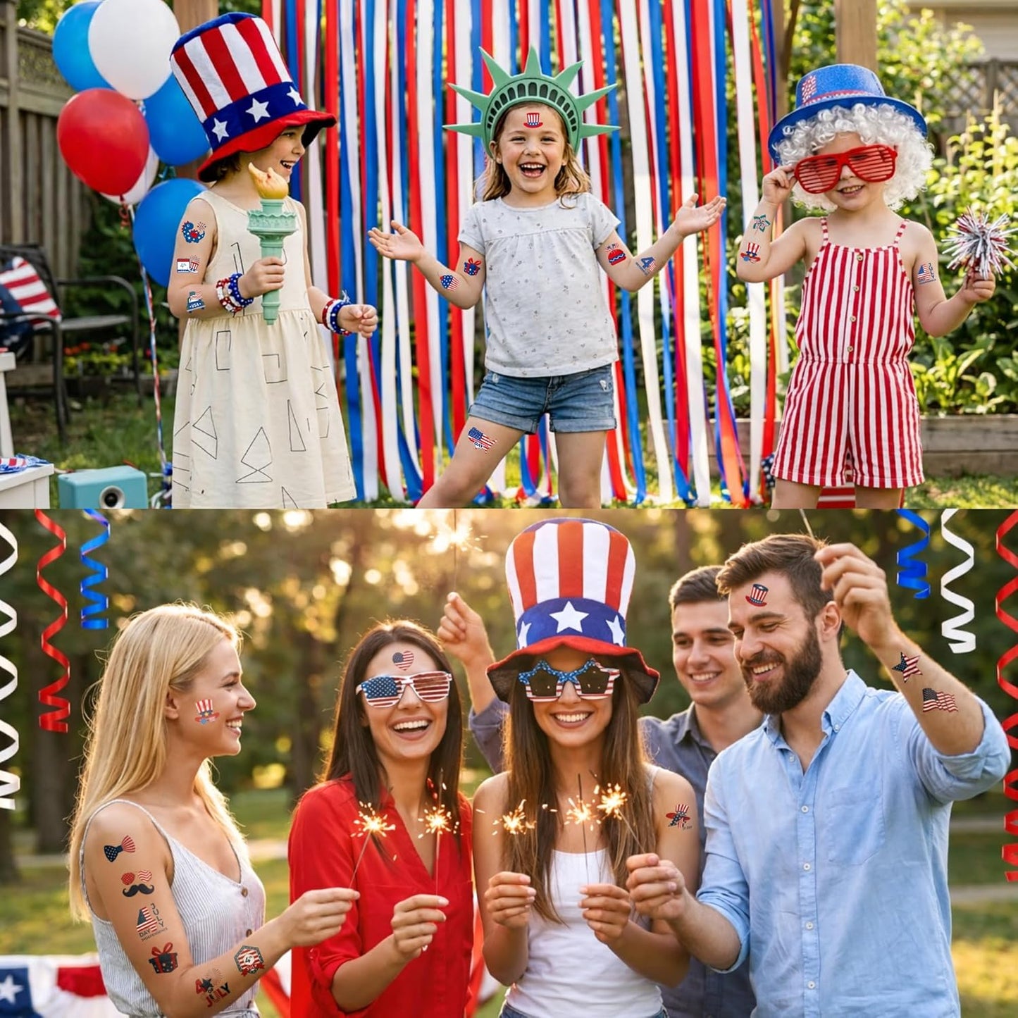 4th of July Temporary Tattoos - 105 PCS USA stickers Fourth of July Party Favors Supplies Decorations Patriotic Accessories Memorial Labor Independence Day Red White Blue American Flag
