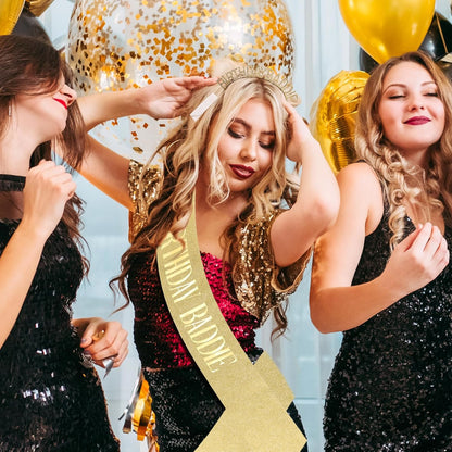 Aprince Birthday Baddie Sash and Tiara Crown for Women Girls Black Gold Happy Birthday Headband Accessiores Party Decorations