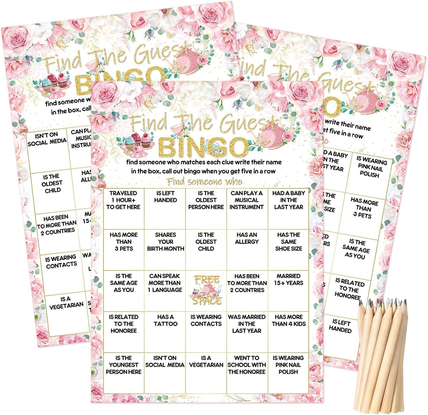 Pasimy 50 Pcs Find the Guest Game Bingo Cards with 20 Pcs Pencils Bridal Shower Wedding Bingo Game Pink Flower Tea Party Activity Favor Supply for Engagement Birthday Baby Shower Bachelorette, 5"x7"