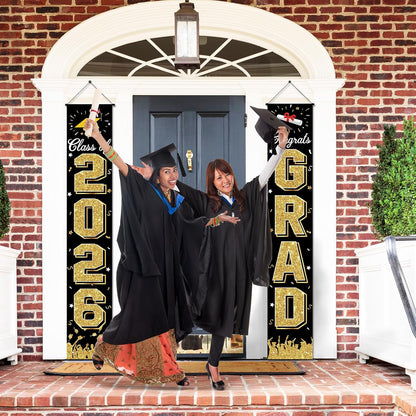 2026 Graduation Decorations, Graduation Banner Class of 2026, Hanging Congratulations/Congrats Grad Banner for Door and Porch, Party Decor - Black