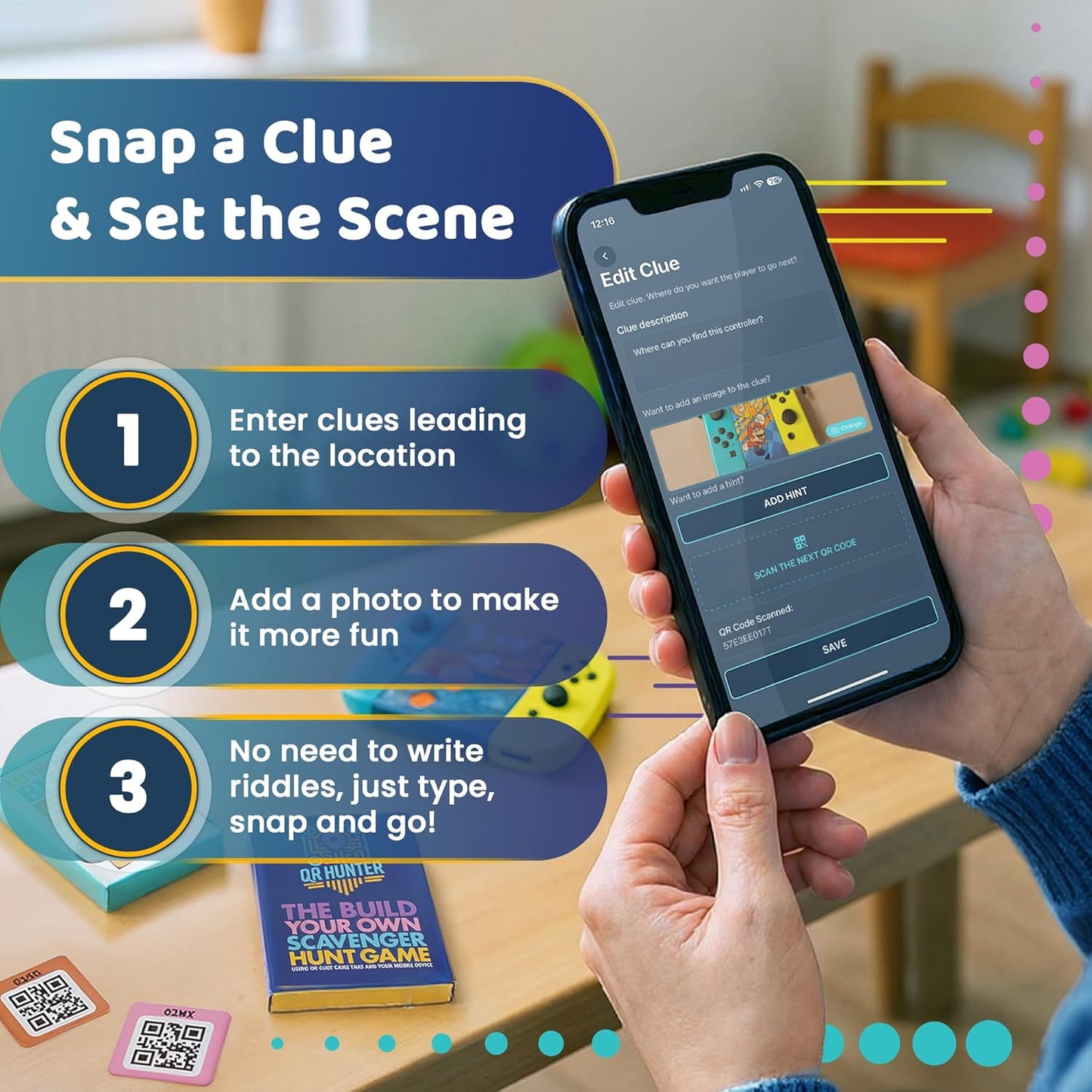 QR Hunter | QR Code Tile Sticker Pack | Includes 5 Treasure Hunt Game Tiles for All Ages | Custom Scavenger Hunts and QR Code Adventure | Free iOS and Android Compatible App Included | Made in the USA