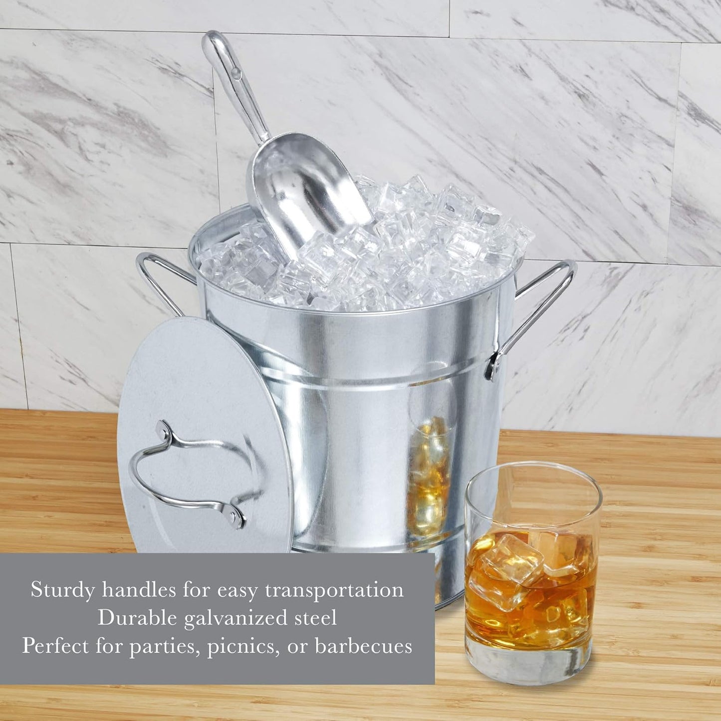 Twine Farmhouse Ice Bucket with Scoop - Beverage Tub Wrapped with Rope for Parties - Galvanized Metal Bucket Cooler & Drink Tub Holds 1 Gallon