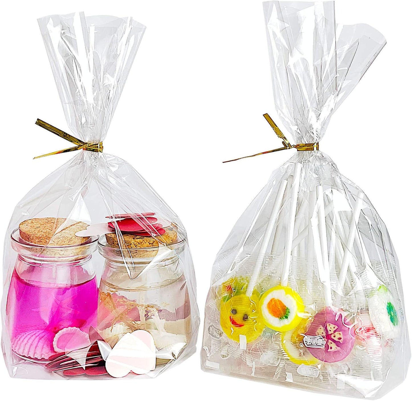PigPotParty Cellophane Treat Bags 6x9 Inch, 50 Pack Clear Goodie Bags with Bottom Gusset for Stand-Up Display, Small Plastic Gift Wrap for Cookies, Candy, Party Favors, Popcorn, Includes 50 Gold Ties