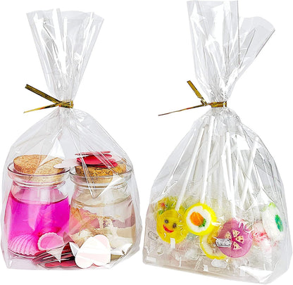 PigPotParty Cellophane Treat Bags 6x9 Inch, 50 Pack Clear Goodie Bags with Bottom Gusset for Stand-Up Display, Small Plastic Gift Wrap for Cookies, Candy, Party Favors, Popcorn, Includes 50 Gold Ties