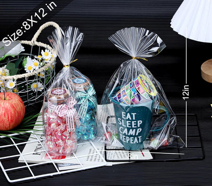 Clear Candy Bags 100pcs 6X10 Cellophane Treat Bag Party Favor Goodie Cake Pop Gift Apple Cello for Gift Baskets Bakery Cookie with Ties