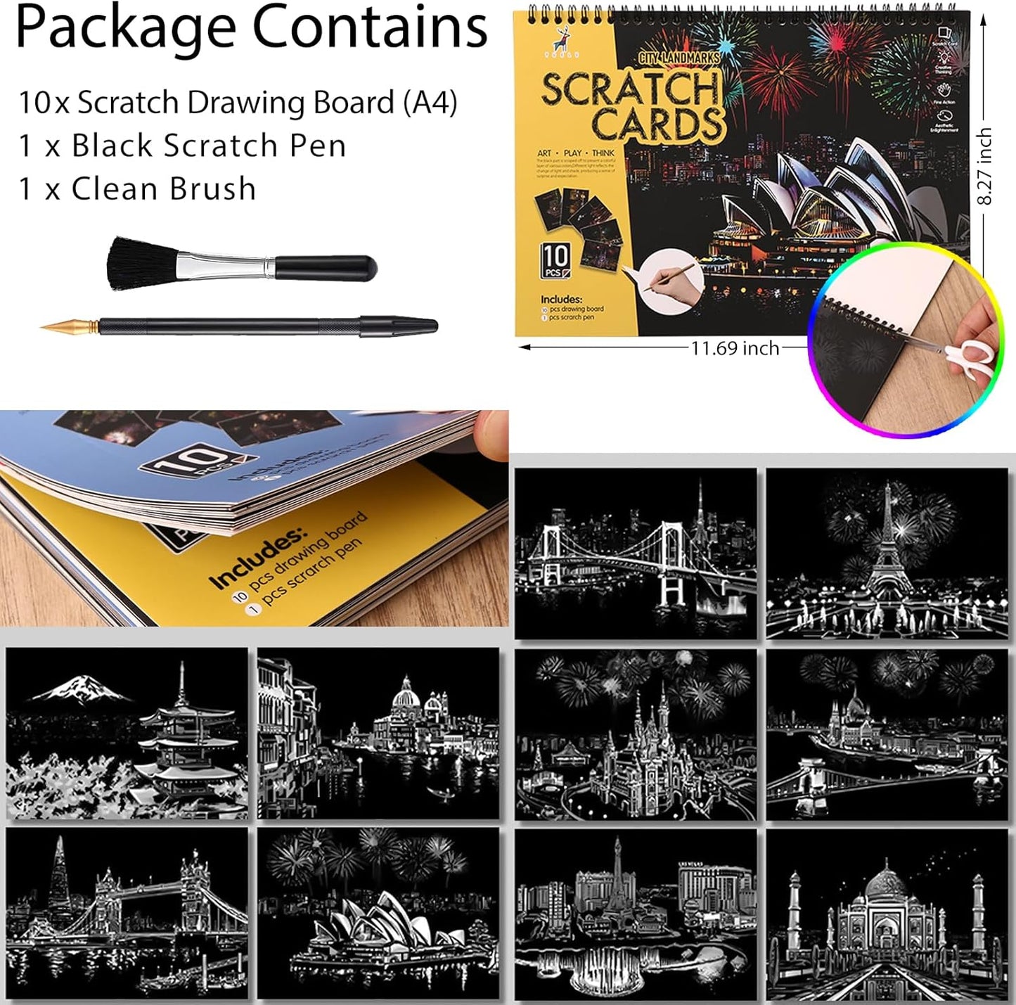 Scratch Art Book(A4-10Page) for Adults & Teens – ASMR Stress-Relieving Scratch Off Art | Paint by Scratch Kit Set | Travel Landmarks & Engraving Art | Creative Gift for Adults (Colorful City Series B)