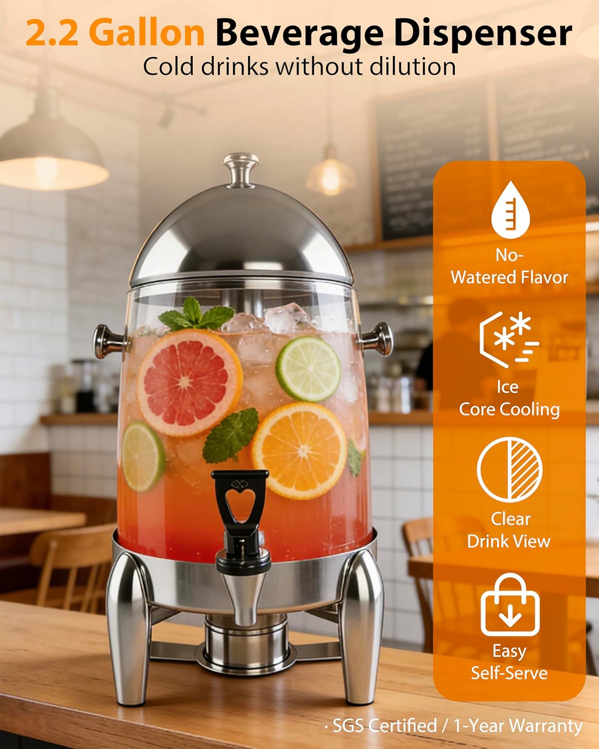 Beverage Dispenser with Stand,2 Gallon Drink Dispenser for Parties,Events,Buffet &Self-Serve,Dual Ice Tube Core Fruit Infuser,Leakproof Spigot,Clear PC Container,Stainless Steel Lid&Base