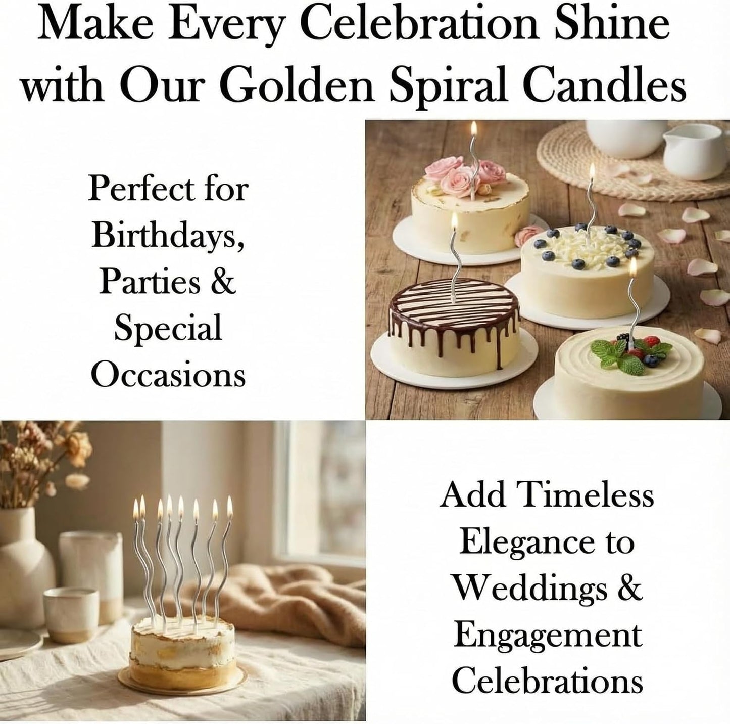 12-Count Spiral Birthday Candles, Long Twisty Gold Party Candles with Candle Holders, Long Burning for Weddings, Birthdays, Party Decorations, Cupcakes, Anniversary and Meetups (Gold)