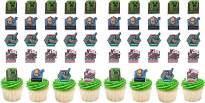 DecoPac Minecraft Lush Finds Rings, Cupcake Decorations Featuring Creeper, Alex, Steve and Axolotl! Multicolored 3D Food Safe Cake Toppers – 24 Pack