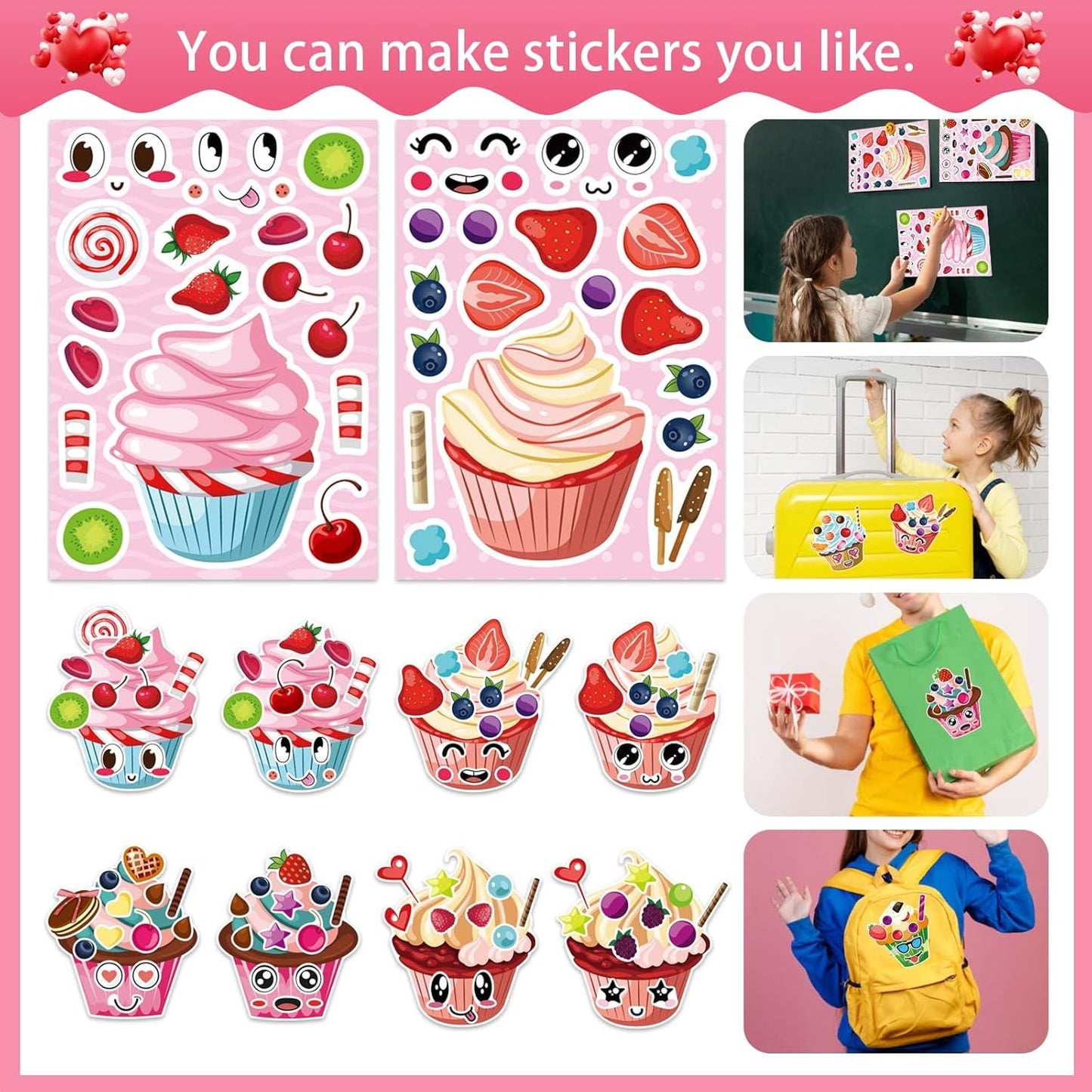 24 Sheets Make-a-face Cupcake Stickers Make Your Own Dessert Stickers Mix and Match Sweets and Fruit Treats Party Favor Supplies for Kids Ice Cream Sticker Games Birthday DIY Art Crafts