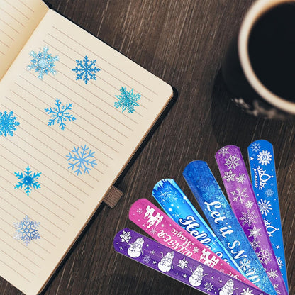 CZWXOXO 74Pcs Snowflake Theme Party Favors Contain 24 Pcs Snowflake Theme Slap Bracelets 50Pcs Snowflake Theme Stickers, Ice and Snow Theme Birthday Party Decorations