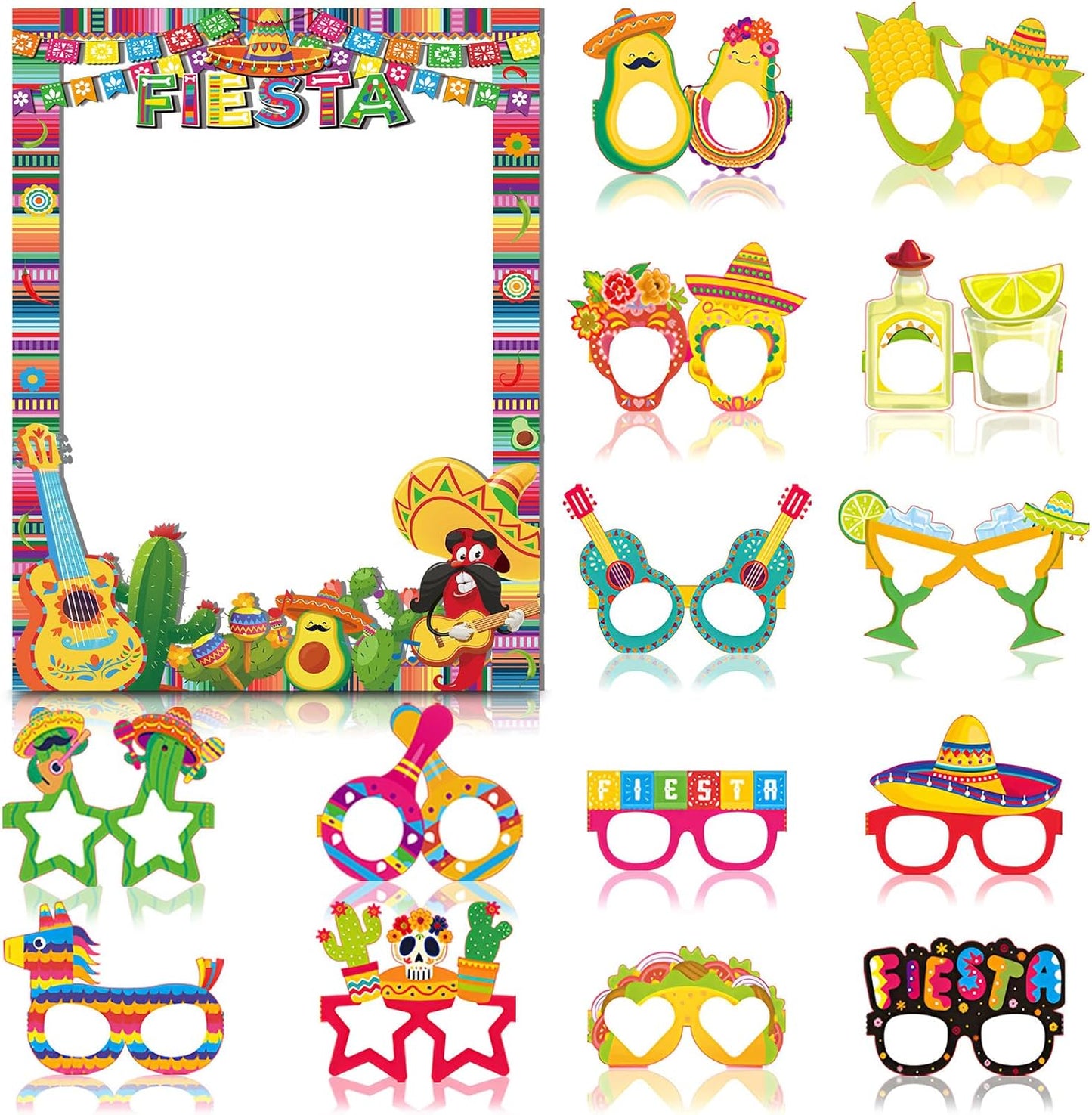 Pasimy Mexican Fiesta Party Decorations 17 Pcs Graduation Photo Booth Prop Kit 16 Fiesta Paper Eyeglasses with 1 Mexican Photo Booth Selfie Frame for Cinco De Mayo Birthday Party Supplies