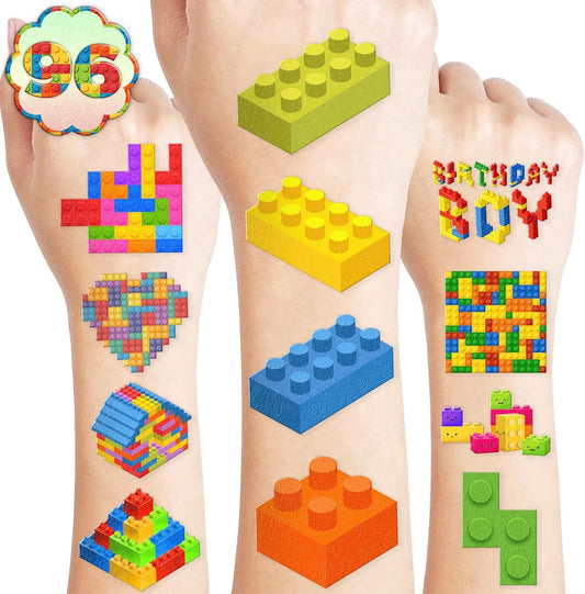 96PCS Building Block Pre-Cut Temporary Tattoos - Cute Party Favors for Kids, Boys & Girls | Birthday Party Supplies, Decorations, Stickers, Gifts, Classroom & School Prizes (Normal)