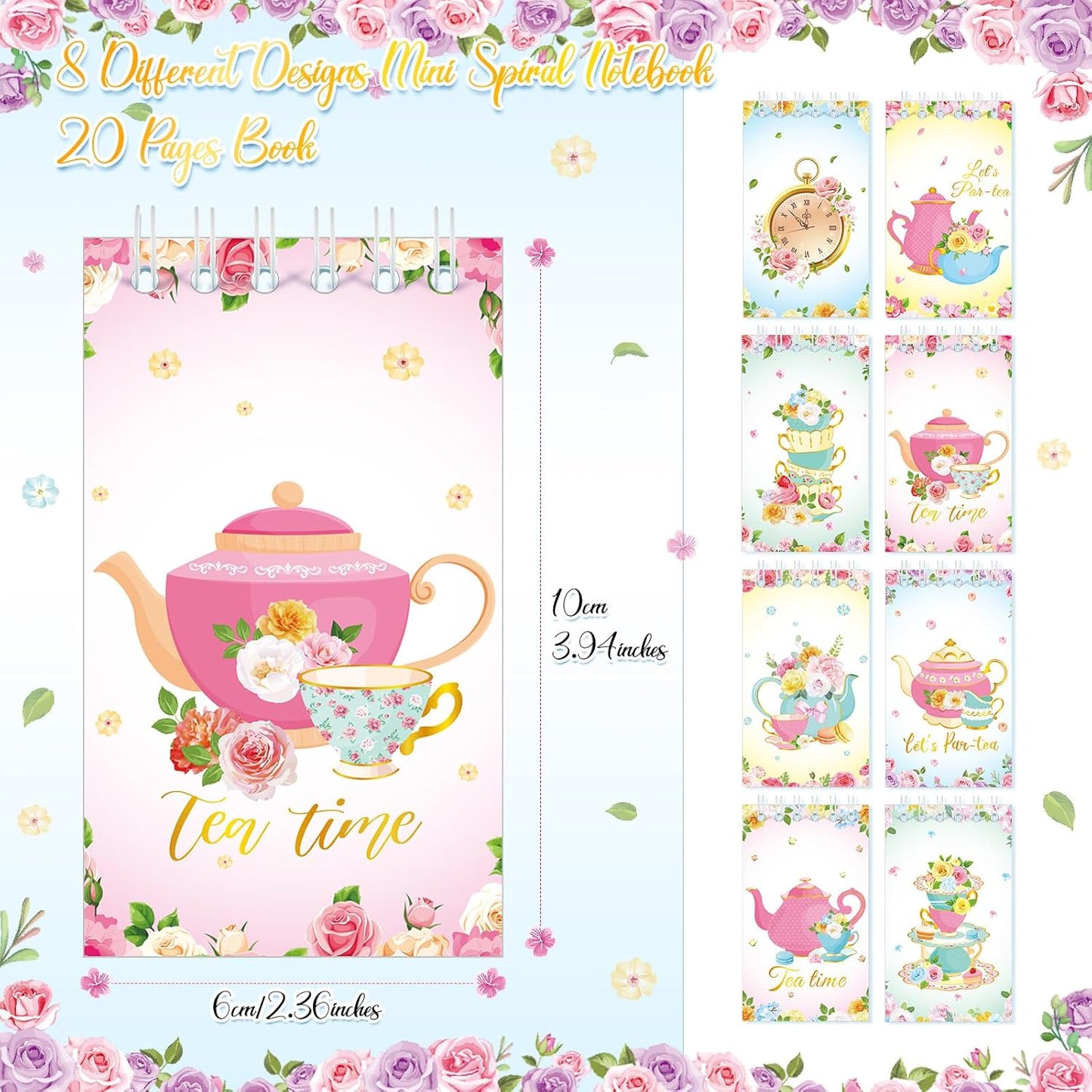 Faccito 24 Pcs Mini Tea Notebook Floral Tea Mini Notepad Party Favors Teapot Party Small Spiral Pocket Notebooks Floral Teapot Time Notepad Memo Spiral Notebooks for Birthday Classroom Reward Supplies