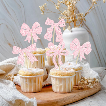 Ephlyn 24Pcs Pink Bow Cupcake Toppers Bow Birthday Cake Topper Girls Birthday Party Decorations Bowknot Cupcake Decorations for Bridal Wedding Themed Party Multi