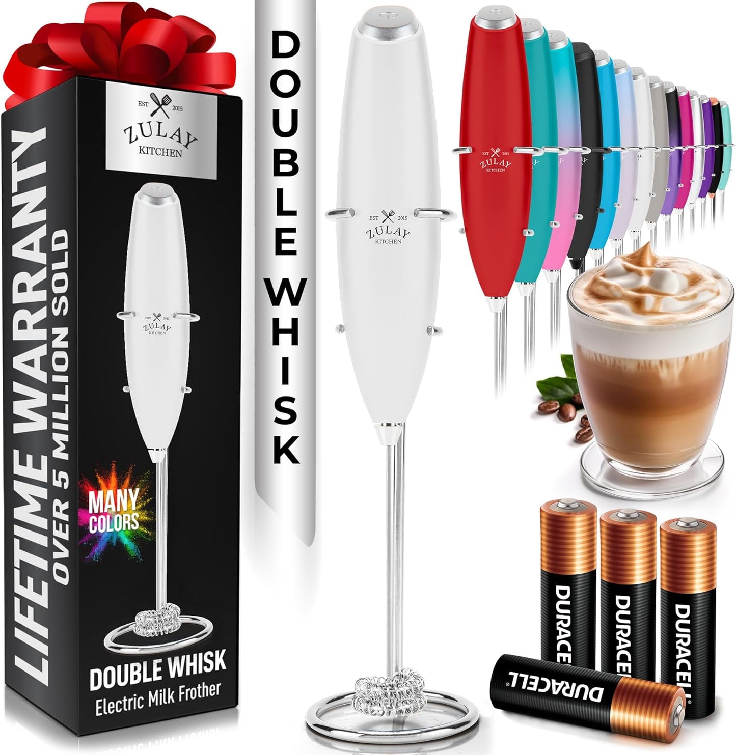 Zulay Kitchen Powerful Milk Frother Wand With Duracell Batteries - Ultra Fast Handheld Drink Mixer - Electric Whisk Foam Maker for Coffee, Lattes, Cappuccino & Matcha - Z1 Motor - Black - Colors C