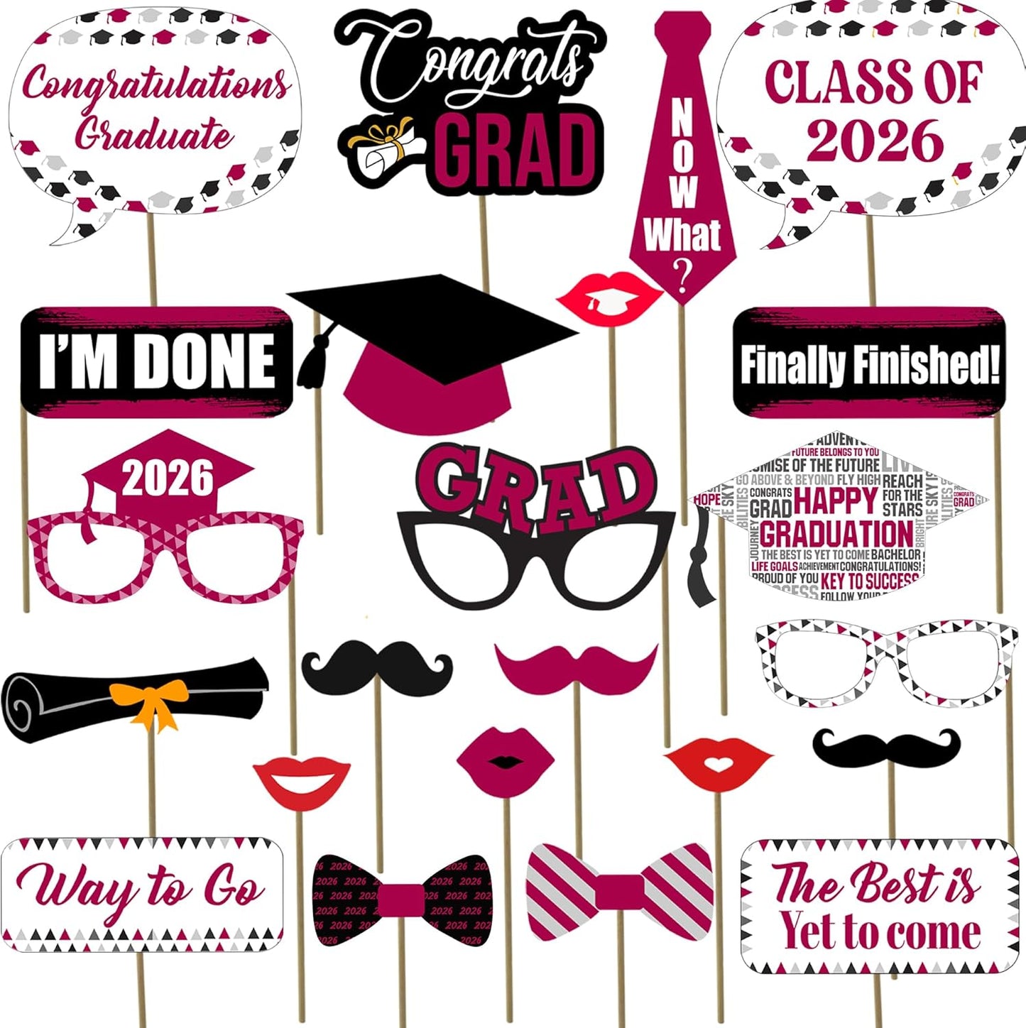 Burgundy Graduation Photo Booth Props 2026 - Pack of 23, Graduation Decorations 2026, Graduation Photo Props for Class of 2026 Decorations, Graduation Props for Photoshoot 2026 -KatchOn