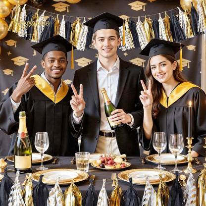 NICROLANDEE Black Gold Graduation Party Decorations, 15PCS Black Gold Tissue Paper Tassel Garland for Birthday, Wedding, Bridal Shower, Bachelorette Party, 2026 New Year's Eve Party Supplies
