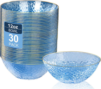 I00000 30 Pack 12 Ounce Pink Plastic Bowls Hammered Clear Bowl with Gold Rimmed, Heavy Duty Disposable Bowl Set,Elegant Salad/Dessert/Ice Cream Small Bowls for Party Weddings