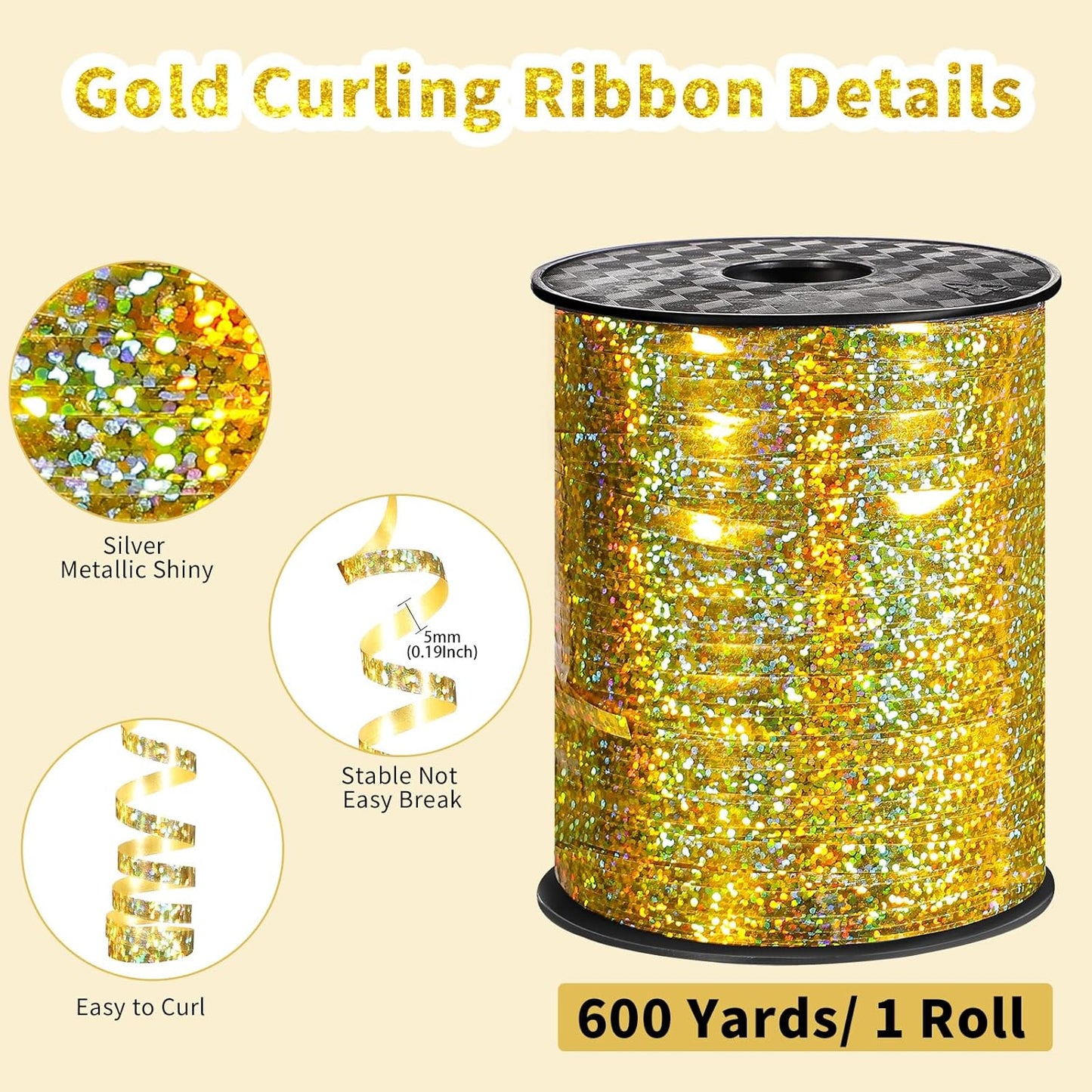 woric 600 Yards Gold Curling Ribbon 1/5 Inch Balloon String Ribbon Metallic Gold Ribbons for Mothers Day Balloon Gift Wrapping Art Crafts Wedding Party Decorations