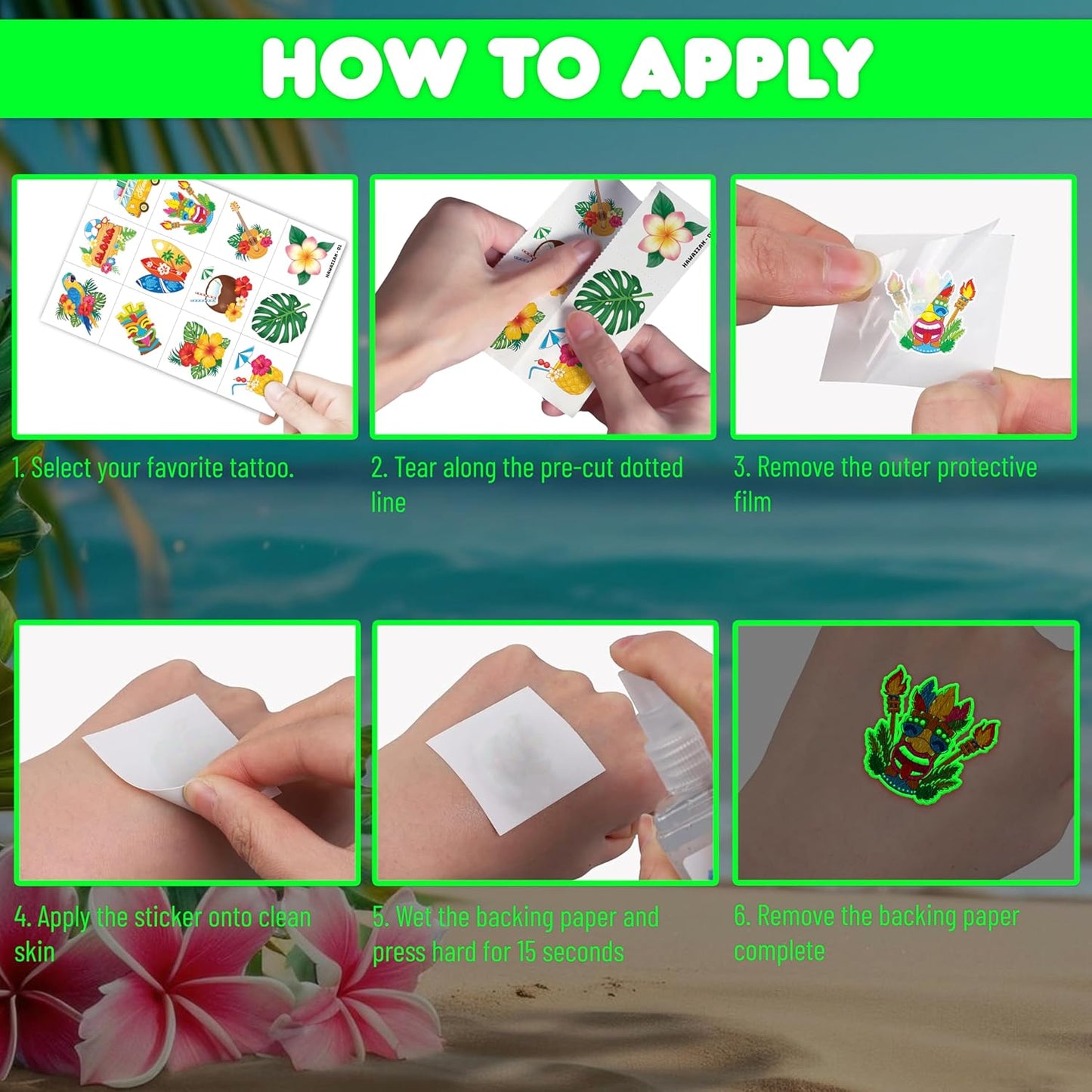 96 PCS Hawaiian Luau Pre-Cut Temporary Tattoos for Kids | Super Cute Themed Birthday Party Favors, Supplies, Decorations, Summer Fake Tattoo Stickers (Multiple)