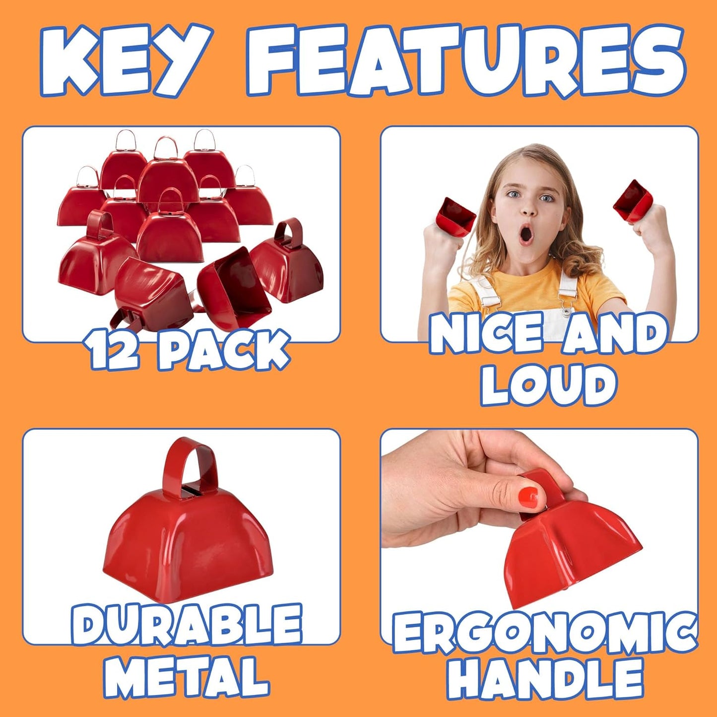 Metal Cowbell - 12 Pack, 3 Inch Red Cow Bells for Sporting Events, Cheering, Spirit, Loud Cow Bell Ideal Hand Percussion Cowbells Noise Makers for Sporting Events, Football Games, and Celebrations