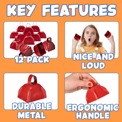 Metal Cowbell - 12 Pack, 3 Inch Red Cow Bells for Sporting Events, Cheering, Spirit, Loud Cow Bell Ideal Hand Percussion Cowbells Noise Makers for Sporting Events, Football Games, and Celebrations