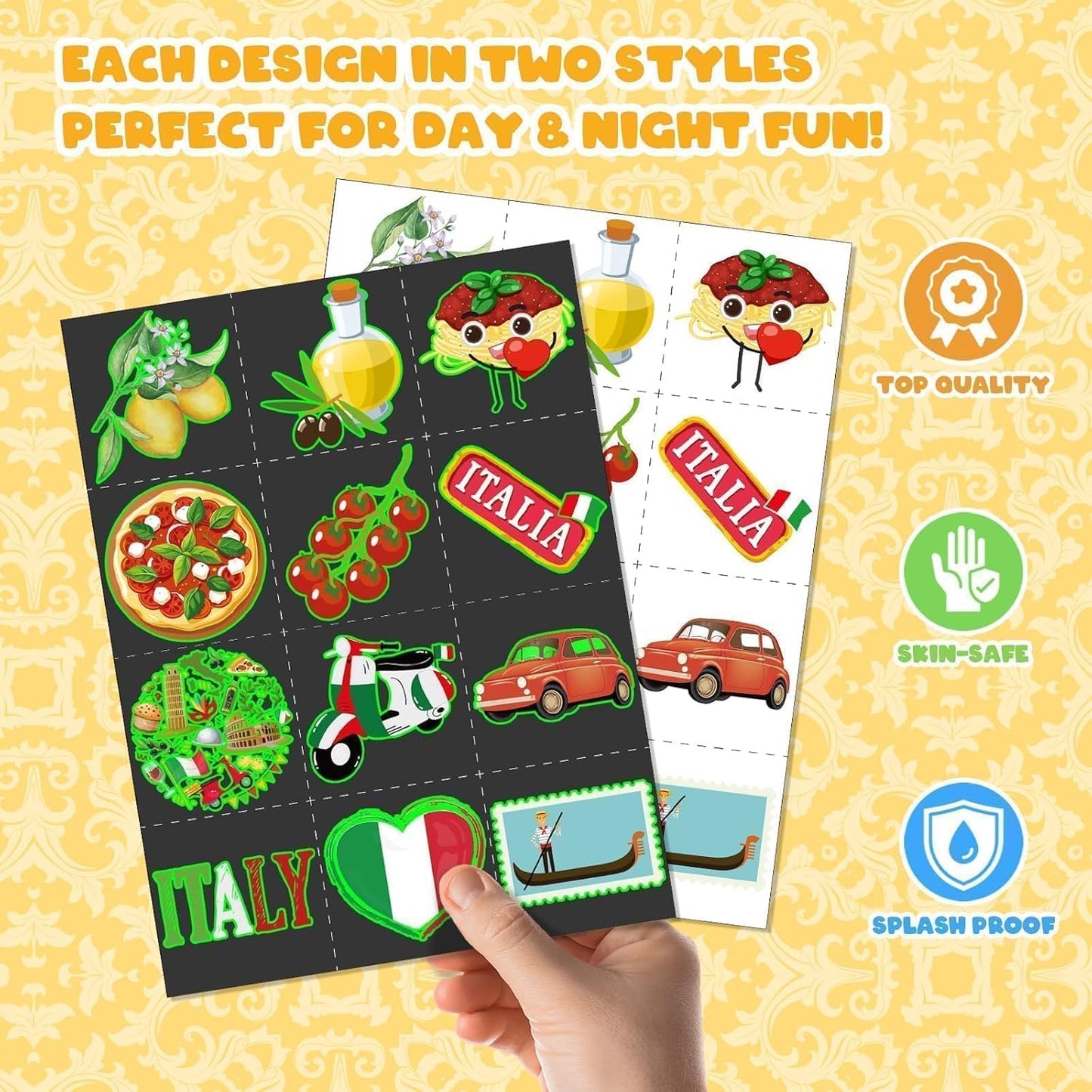96 PCS Italy Party Favors Set – 72 Pre-Cut Tattoos & 24 Slap Bracelets, Perfect for Travel-Inspired Birthdays & Cultural Celebrations