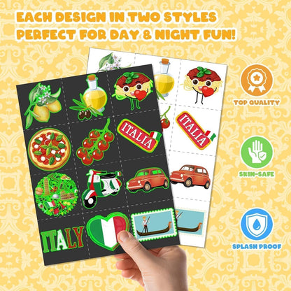 96 PCS Italy Party Favors Set – 72 Pre-Cut Tattoos & 24 Slap Bracelets, Perfect for Travel-Inspired Birthdays & Cultural Celebrations