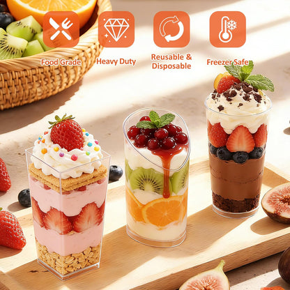 Eupako 3 oz Plastic Dessert Shooter Cups with Spoons - 100 Pack Mini Clear Slanted Appetizer Cup, Small Dessert Cup for Jello Shots, Parfait, Puddings, Mousse