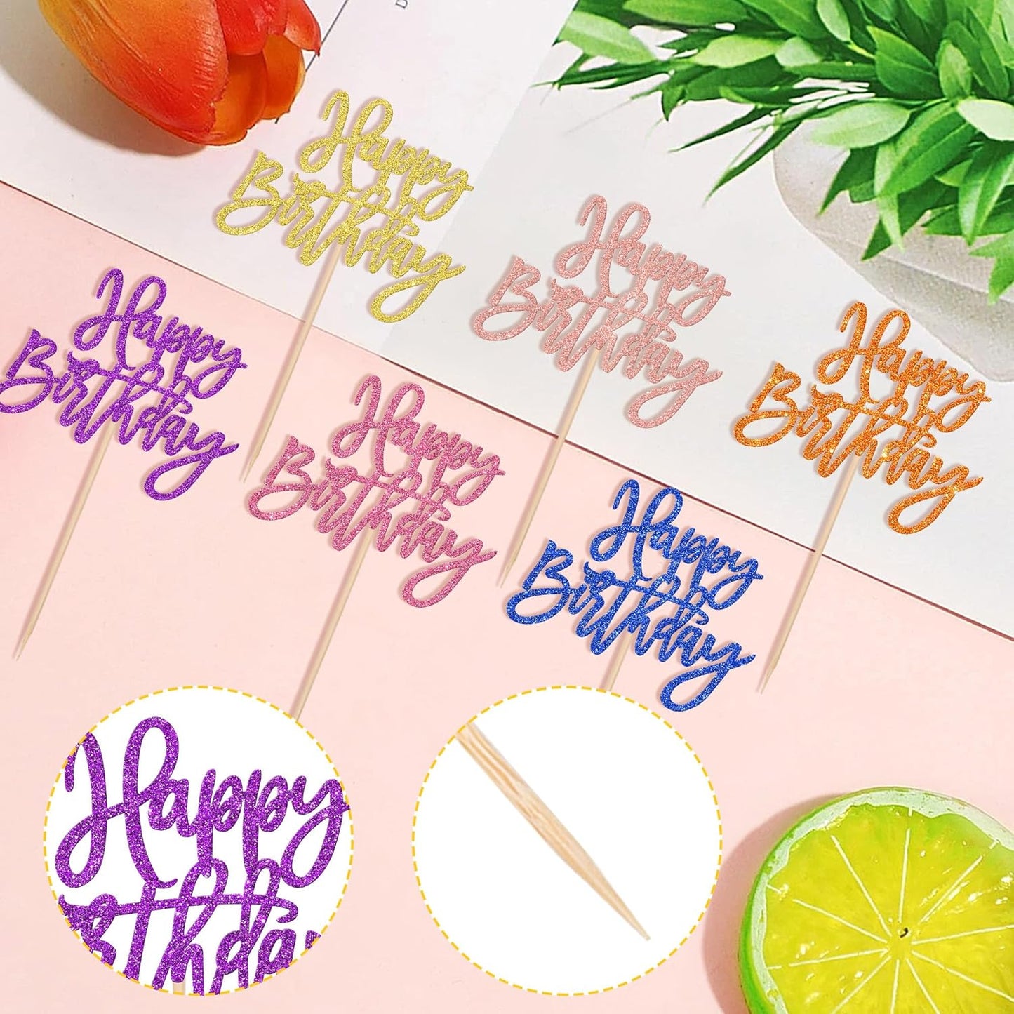 24 PCS Happy Birthday Cupcake Toppers Glitter Picks for Celebrating Anniversary Theme Party Cake Decorations Supplies Gold