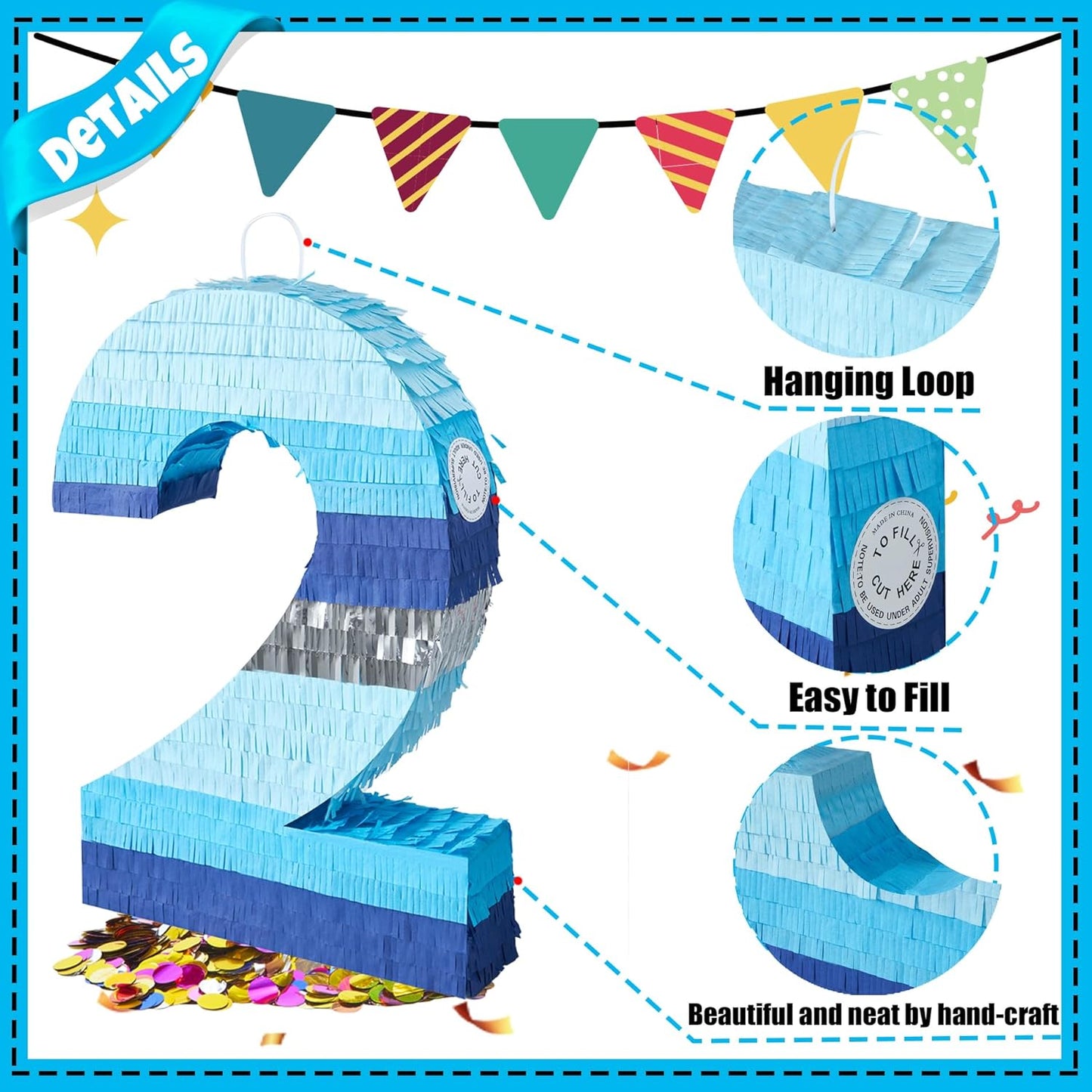 PCFING 20 Inch Number 3 Piñata Blue Silver with 30 Inch Piñata Stick Blindfold Confetti for Boys Girls Adults Birthday Party Decorations, Anniversary Celebration, Fiesta