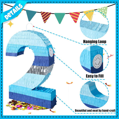 PCFING 20 Inch Number 3 Piñata Blue Silver with 30 Inch Piñata Stick Blindfold Confetti for Boys Girls Adults Birthday Party Decorations, Anniversary Celebration, Fiesta