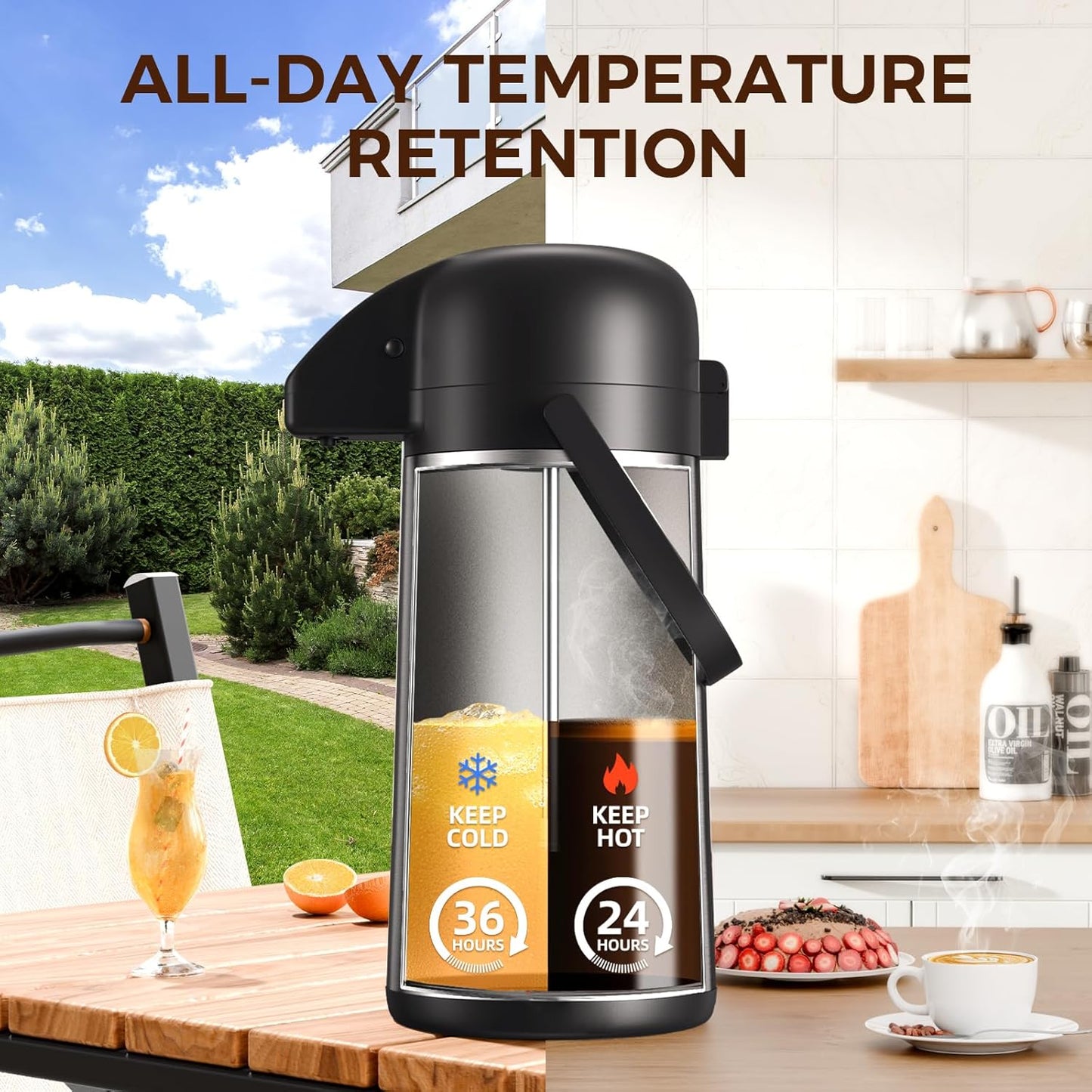 Coffee Carafe for Keeping Hot - Gezoss 102OZ / 3L Airpot Coffee Dispenser with Pump - Large Coffee Carafe for Hot Drinks Tea Liquid - Insulated Stainless Steel Hot Water Beverage Urn for Parties