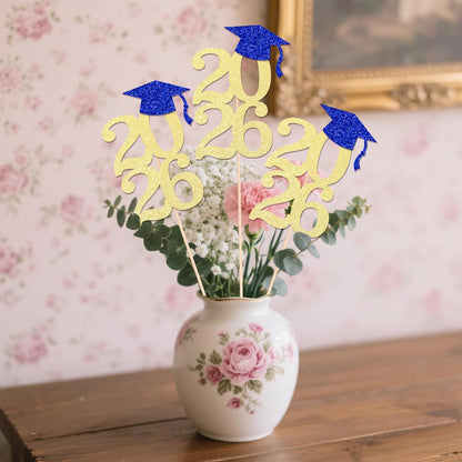 Class of 2026 Graduation Centerpieces, 10 Pcs Gold Glitter 2026 Centerpieces with Graduation Cap, Congrats Grad Party Decorations for Cake, Dessert & Centerpieces