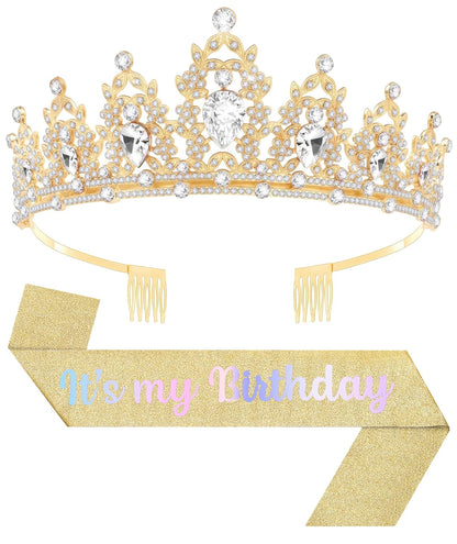 Birthday Tiara and Crown with Sash, Birthday Tiara for Women Party Silver